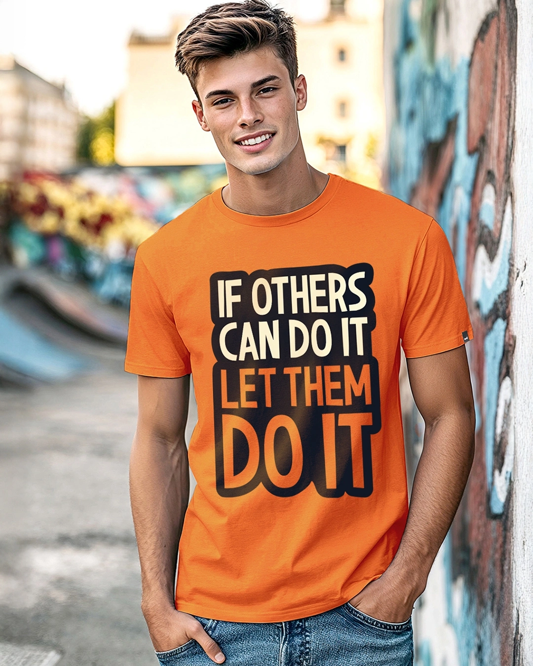 a men weraing a t-shirt in orange colour